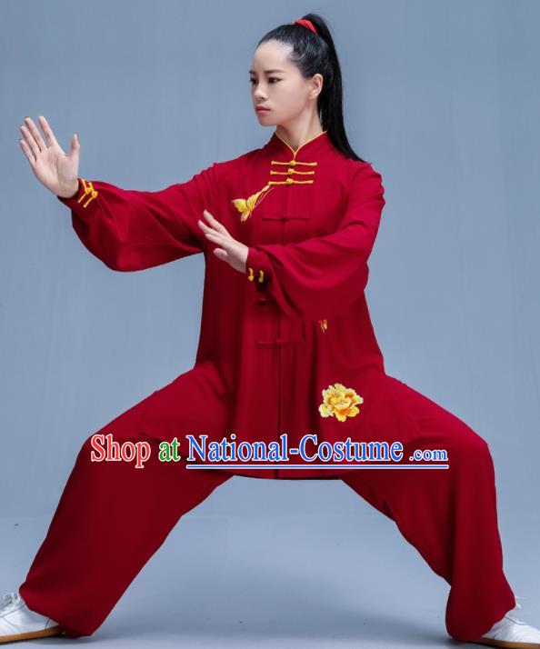 Chinese Traditional Kung Fu Printing Peony Wine Red Garment Outfits Martial Arts Stage Show Costumes for Women