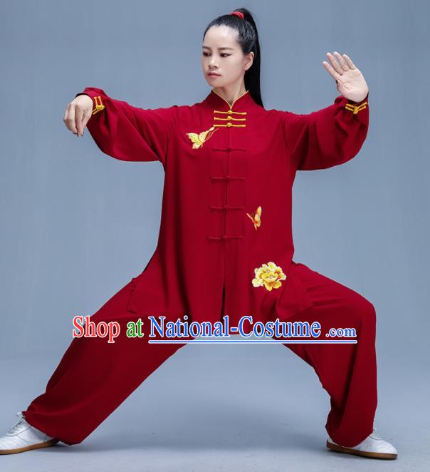 Chinese Traditional Kung Fu Printing Peony Wine Red Garment Outfits Martial Arts Stage Show Costumes for Women