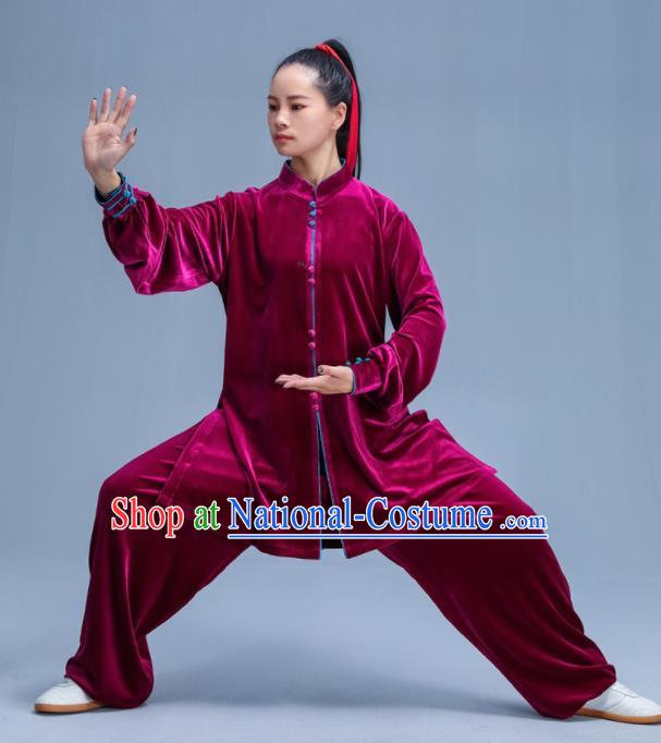 Chinese Traditional Kung Fu Wine Red Velvet Garment Outfits Martial Arts Stage Show Costumes for Women