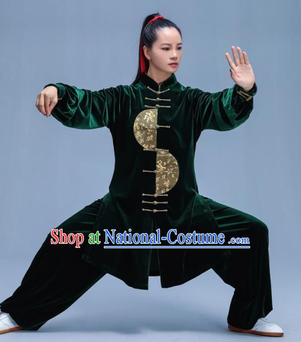 Chinese Traditional Kung Fu Deep Green Velvet Garment Outfits Martial Arts Stage Show Costumes for Women