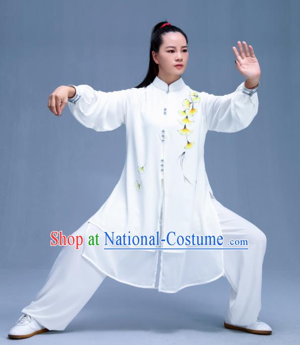 Chinese Traditional Kung Fu Printing Ginkgo Leaf White Garment Outfits Martial Arts Stage Show Costumes for Women