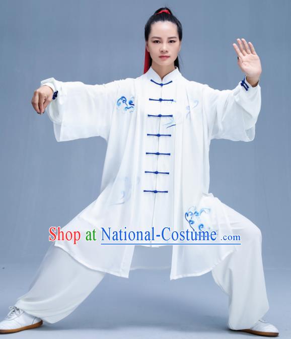 Chinese Traditional Kung Fu Embroidered Cloud White Garment Outfits Martial Arts Stage Show Costumes for Women