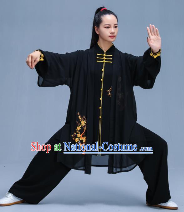 Black Chinese Traditional Kung Fu Embroidered Plum Blossom Garment Outfits Martial Arts Stage Show Costumes for Women