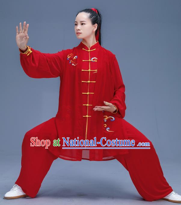 Chinese Traditional Kung Fu Embroidered Cloud Red Garment Outfits Martial Arts Stage Show Costumes for Women