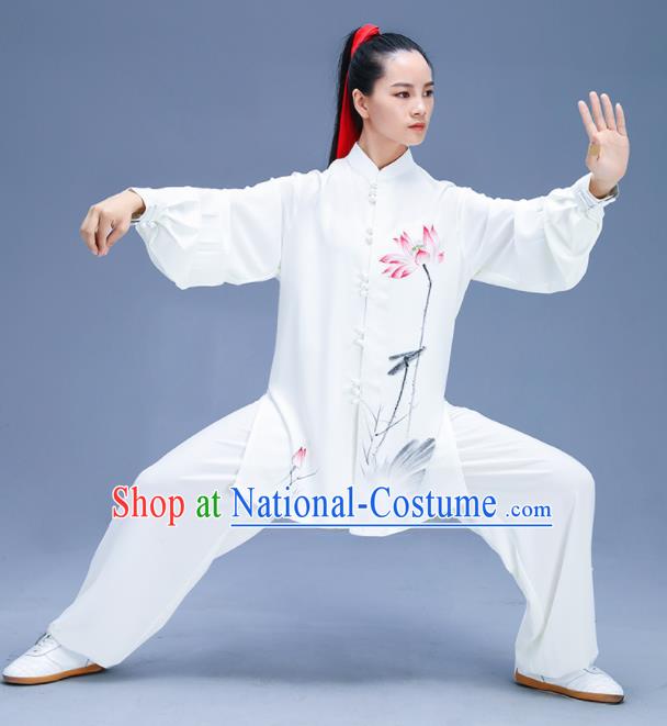 Chinese Traditional Kung Fu Ink Painting Lotus White Garment Outfits Martial Arts Stage Show Costumes for Women