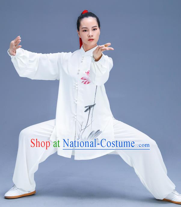 Chinese Traditional Kung Fu Ink Painting Lotus White Garment Outfits Martial Arts Stage Show Costumes for Women