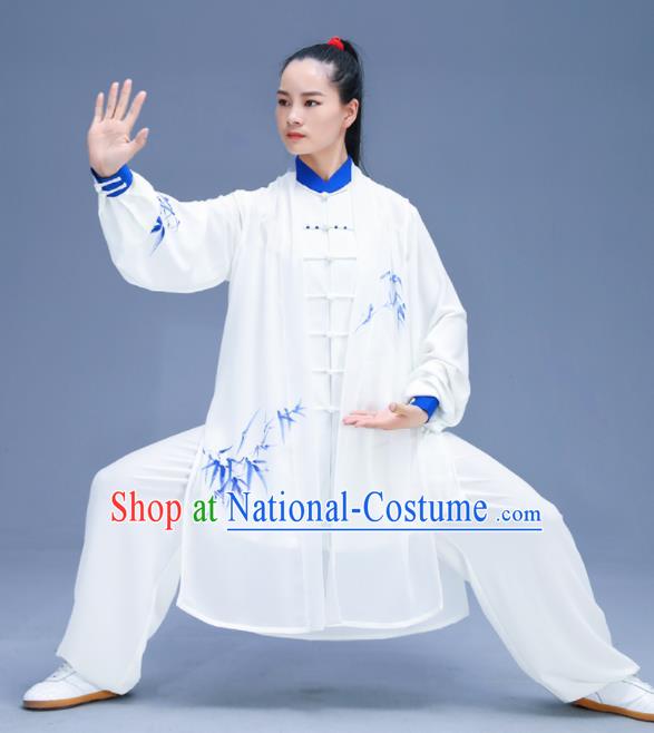 Chinese Traditional Kung Fu Training Printing Bamboo White Garment Outfits Martial Arts Stage Show Costumes for Women