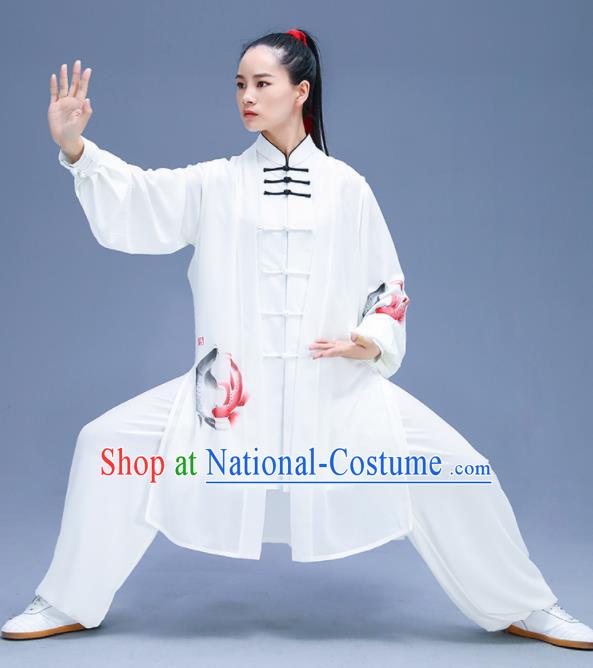 Chinese Traditional Kung Fu Training Printing Carps White Garment Outfits Martial Arts Stage Show Costumes for Women