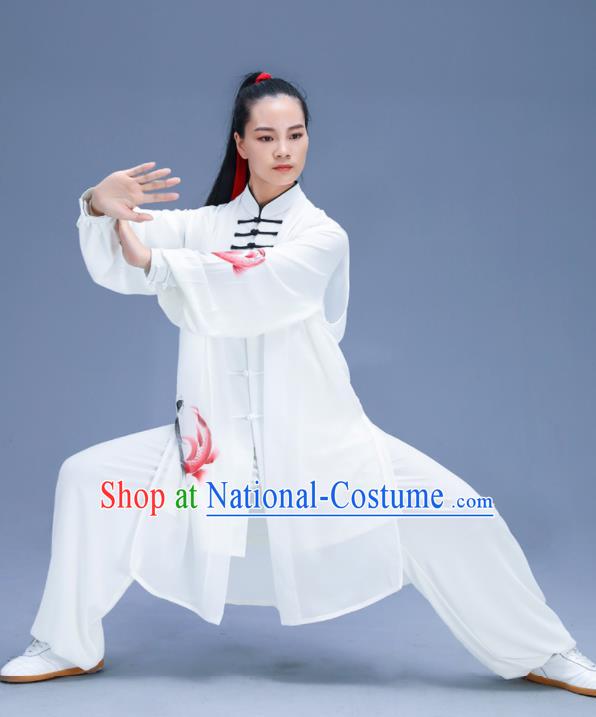 Chinese Traditional Kung Fu Training Printing Carps White Garment Outfits Martial Arts Stage Show Costumes for Women