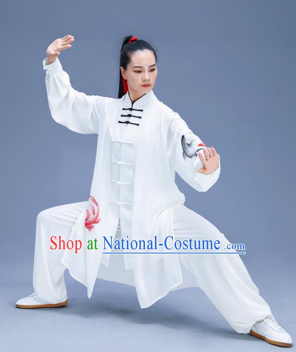 Chinese Traditional Kung Fu Training Printing Carps White Garment Outfits Martial Arts Stage Show Costumes for Women