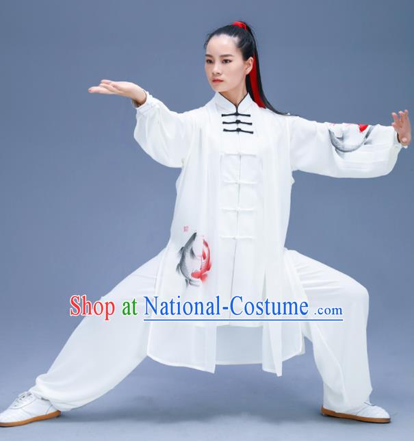 Chinese Traditional Kung Fu Training Printing Carps White Garment Outfits Martial Arts Stage Show Costumes for Women