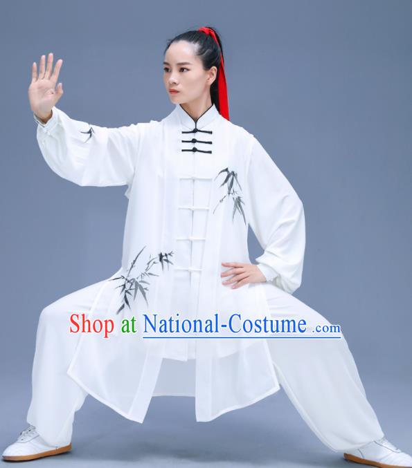 Chinese Traditional Kung Fu Training Ink Painting Bamboo White Garment Outfits Martial Arts Stage Show Costumes for Women