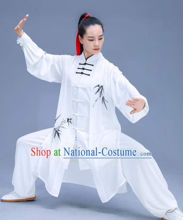 Chinese Traditional Kung Fu Training Ink Painting Bamboo White Garment Outfits Martial Arts Stage Show Costumes for Women