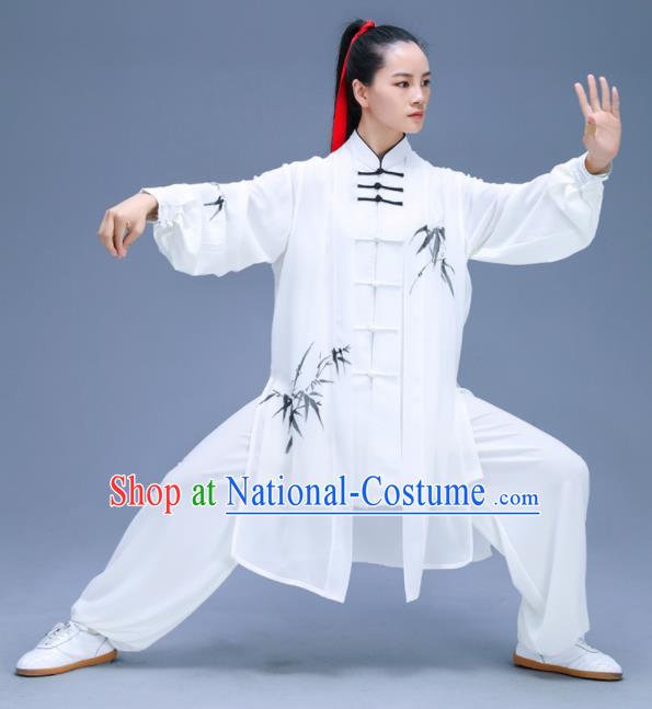 Chinese Traditional Kung Fu Training Ink Painting Bamboo White Garment Outfits Martial Arts Stage Show Costumes for Women