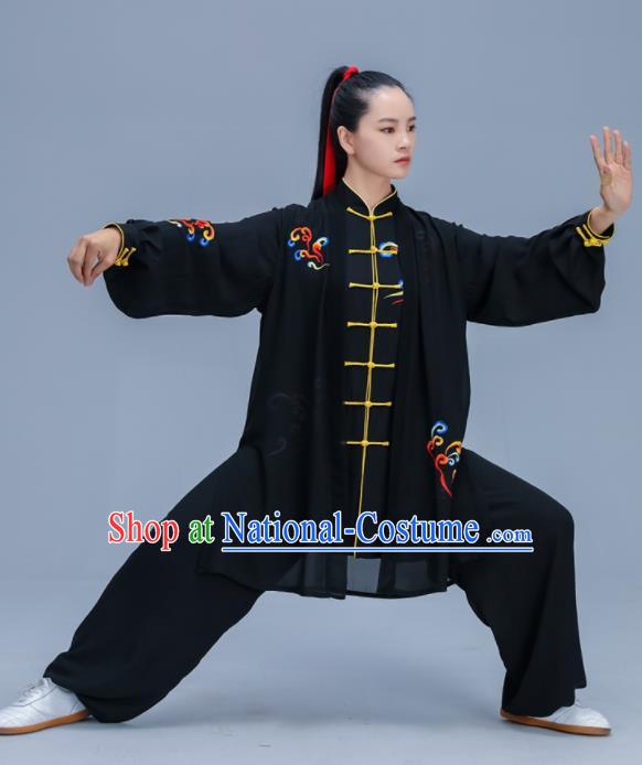 Chinese Traditional Kung Fu Training Embroidered Cloud Black Garment Outfits Martial Arts Stage Show Costumes for Women