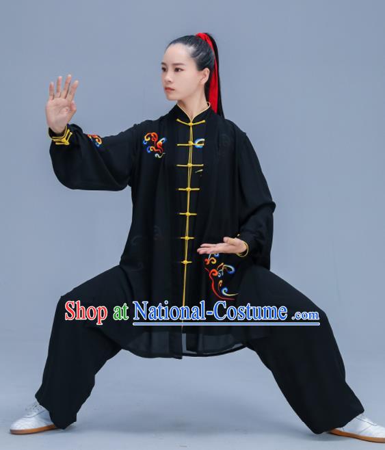 Chinese Traditional Kung Fu Training Embroidered Cloud Black Garment Outfits Martial Arts Stage Show Costumes for Women