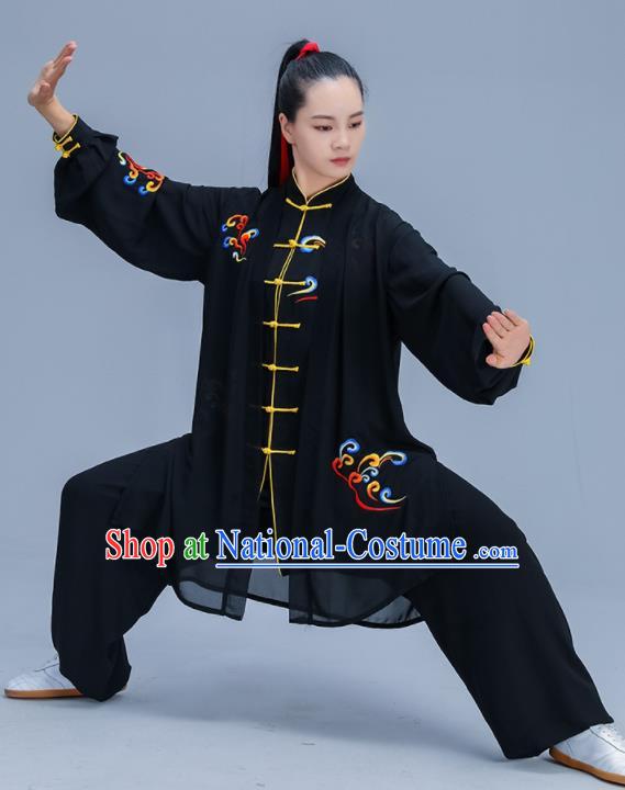 Chinese Traditional Kung Fu Training Embroidered Cloud Black Garment Outfits Martial Arts Stage Show Costumes for Women