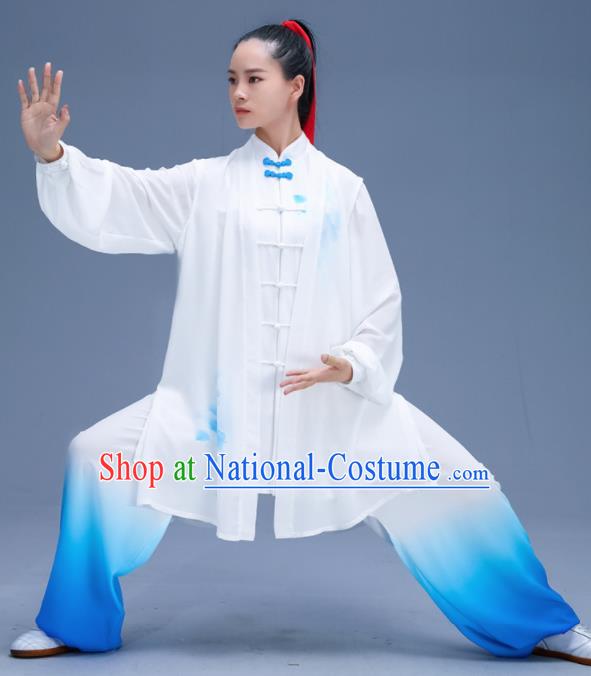 Chinese Traditional Kung Fu Training Gradient Blue Garment Outfits Martial Arts Stage Show Costumes for Women