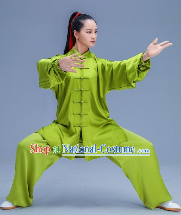 Chinese Traditional Kung Fu Training Green Silk Garment Outfits Martial Arts Stage Show Costumes for Women