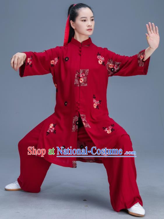 Chinese Traditional Kung Fu Tai Chi Training Printing Wine Red Garment Outfits Martial Arts Stage Show Costumes for Women