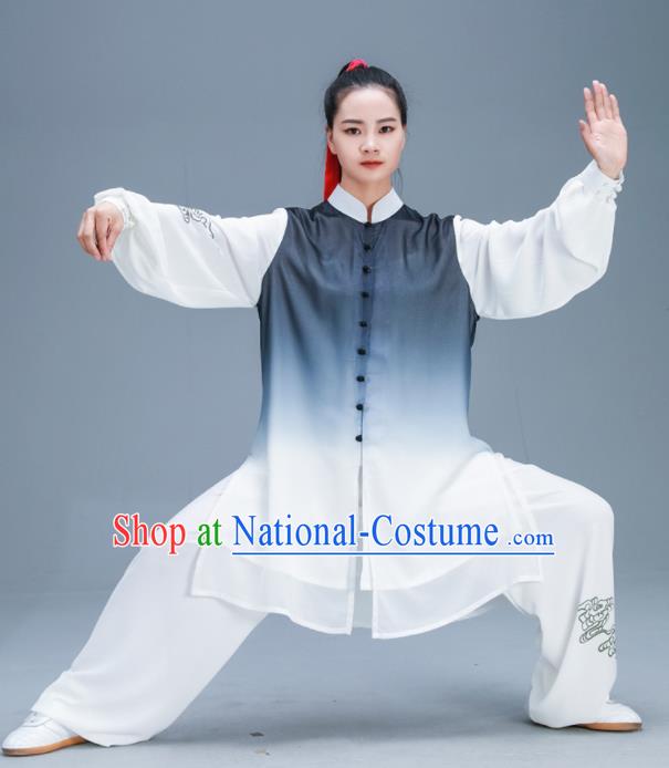 Chinese Traditional Kung Fu Tai Chi Gradient Grey Garment Outfits Martial Arts Training Costumes for Women