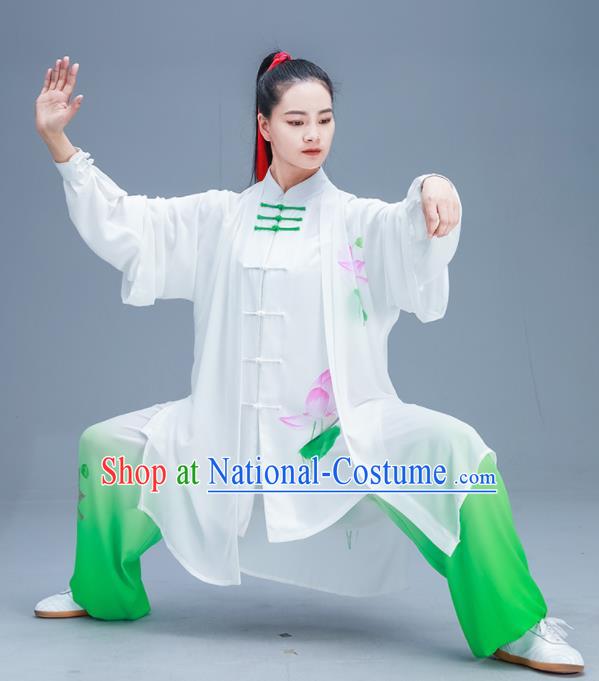 Chinese Traditional Kung Fu Tai Chi Printing Lotus Garment Outfits Martial Arts Training Costumes for Women