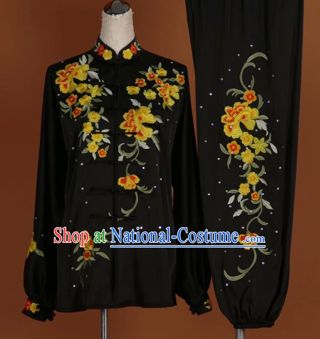 Chinese Tai Chi Embroidered Peony Black Garment Outfits Traditional Kung Fu Martial Arts Training Costumes for Women