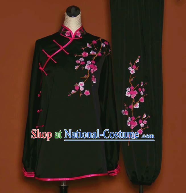 Chinese Tai Chi Embroidered Plum Black Garment Outfits Traditional Kung Fu Martial Arts Training Costumes for Women