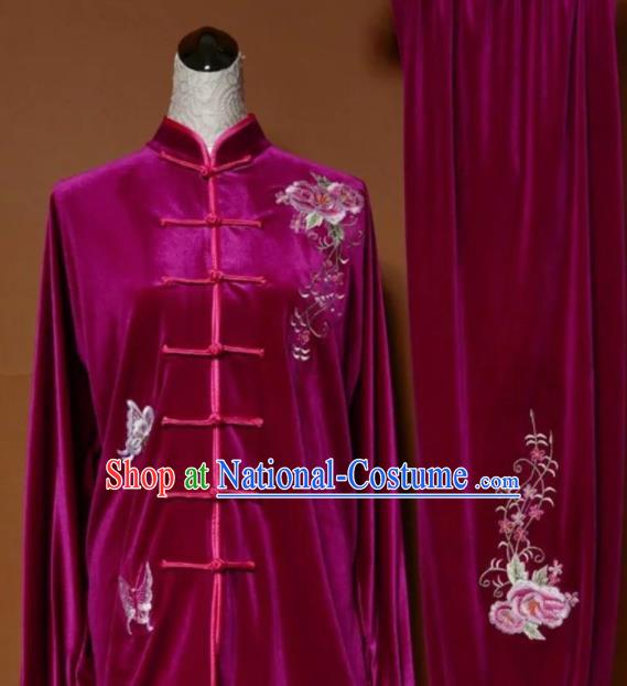 Chinese Tai Chi Embroidered Peony Butterfly Rosy Velvet Garment Outfits Traditional Kung Fu Martial Arts Training Costumes for Adult