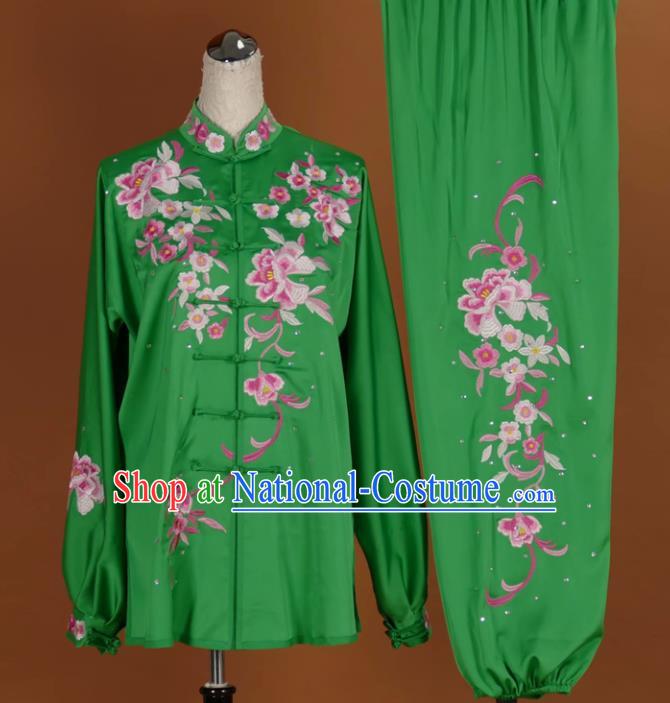 Chinese Tai Chi Embroidered Peony Green Garment Outfits Traditional Kung Fu Martial Arts Training Costumes for Women