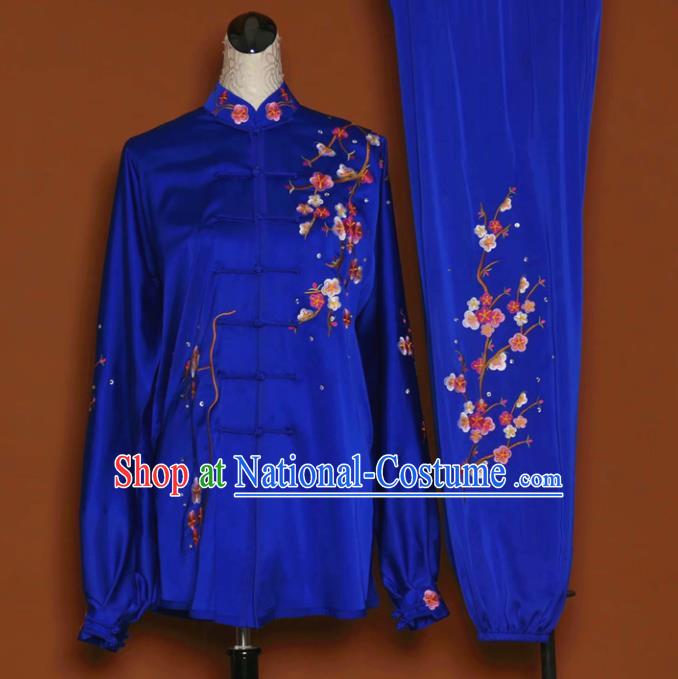 Chinese Tai Chi Embroidered Plum Royalblue Garment Outfits Traditional Kung Fu Martial Arts Training Costumes for Women