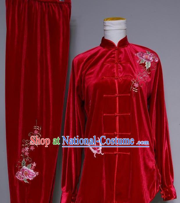 Chinese Tai Chi Embroidered Peony Butterfly Red Velvet Garment Outfits Traditional Kung Fu Martial Arts Training Costumes for Adult