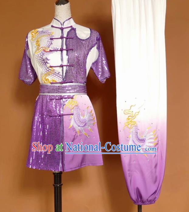 Chinese Tai Chi Changquan Purple Garment Outfits Traditional Kung Fu Martial Arts Training Costumes for Adult