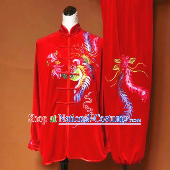 Chinese Tai Chi Embroidered Phoenix Red Velvet Garment Outfits Traditional Kung Fu Martial Arts Training Costumes for Women