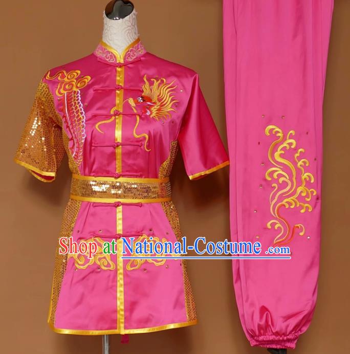 Chinese Tai Chi Changquan Embroidered Dragon Rosy Garment Outfits Traditional Kung Fu Martial Arts Costumes for Adult