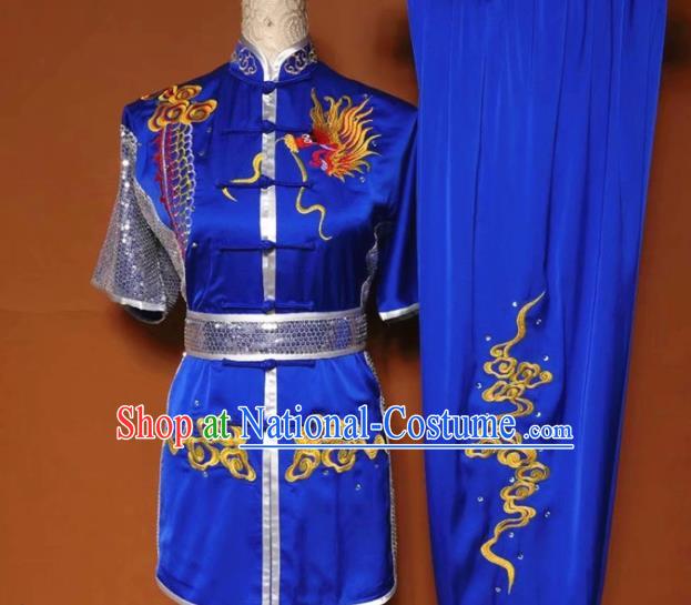 Chinese Tai Chi Changquan Embroidered Dragon Royalblue Garment Outfits Traditional Kung Fu Martial Arts Costumes for Adult