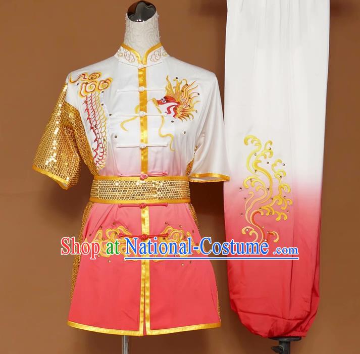 Chinese Tai Chi Changquan Embroidered Dragon Pink Garment Outfits Traditional Kung Fu Martial Arts Costumes for Adult