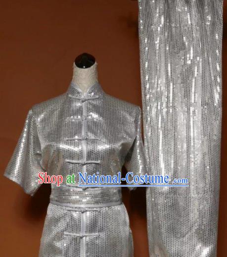 Chinese Tai Chi Changquan Argent Sequins Garment Outfits Traditional Kung Fu Martial Arts Costumes for Adult