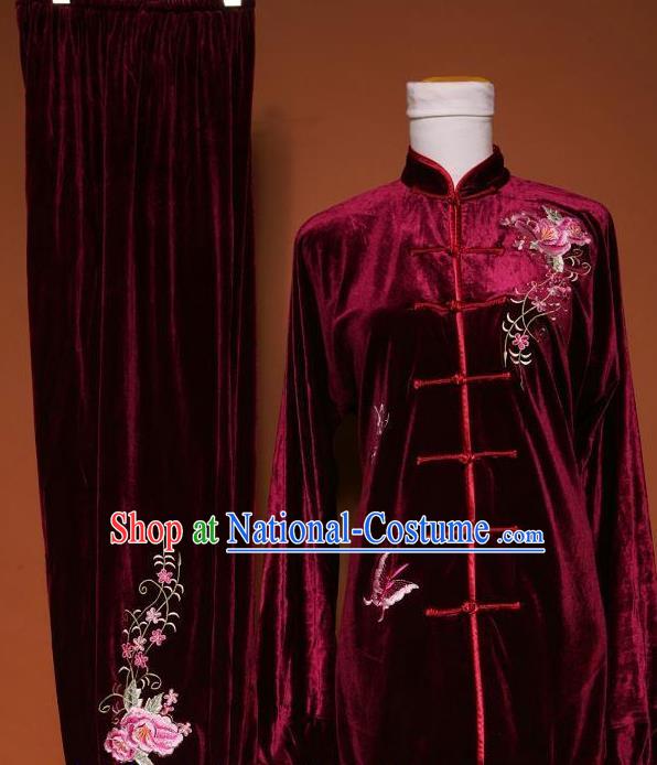 Chinese Tai Chi Embroidered Peony Butterfly Purplish Red Velvet Garment Outfits Traditional Kung Fu Martial Arts Training Costumes for Adult