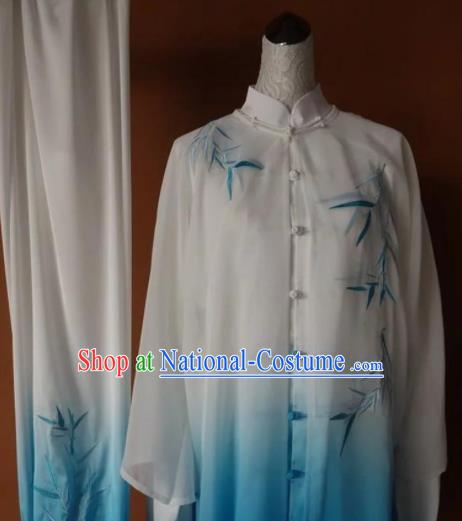 Chinese Tai Chi Changquan Embroidered Bamboo Blue Garment Outfits Traditional Kung Fu Martial Arts Costumes for Adult