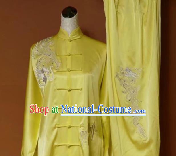 Chinese Tai Chi Changquan Embroidered Dragon Yellow Garment Outfits Traditional Kung Fu Martial Arts Costumes for Adult