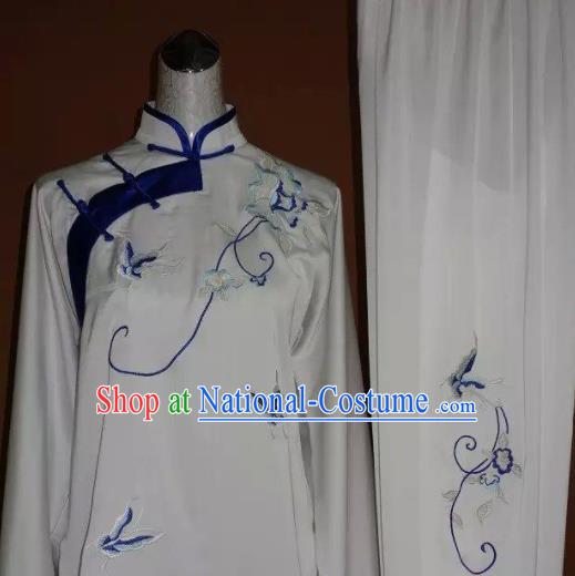 Chinese Tai Chi Embroidered Blue Butterfly Peony Garment Outfits Traditional Kung Fu Martial Arts Training Costumes for Women