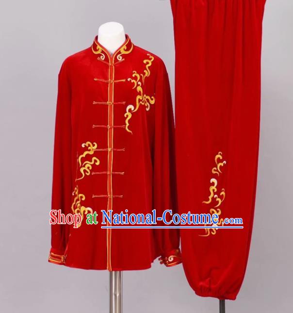 Chinese Tai Chi Red Velvet Garment Outfits Traditional Kung Fu Martial Arts Training Costumes for Adult