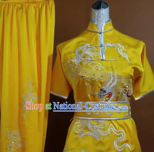 Chinese Martial Arts Changquan Embroidered Dragon Yellow Garment Outfits Traditional Tai Chi Kung Fu Costumes for Adult