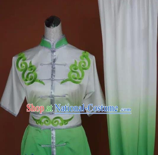 Chinese Martial Arts Changquan Embroidered Green Garment Outfits Traditional Tai Chi Kung Fu Costumes for Adult