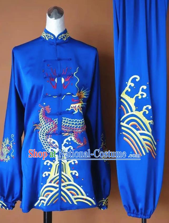 Chinese Martial Arts Changquan Embroidered Royalblue Silk Garment Outfits Traditional Tai Chi Kung Fu Costumes for Adult