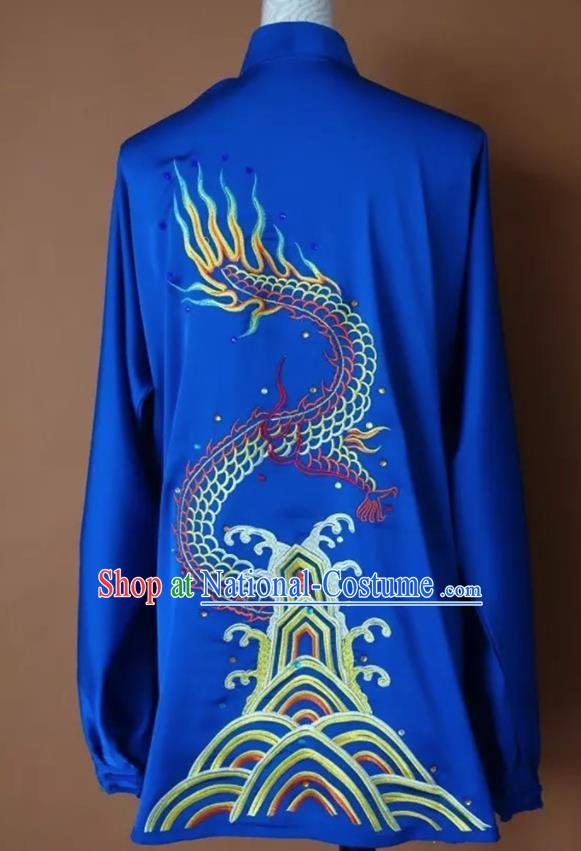 Chinese Martial Arts Changquan Embroidered Royalblue Silk Garment Outfits Traditional Tai Chi Kung Fu Costumes for Adult