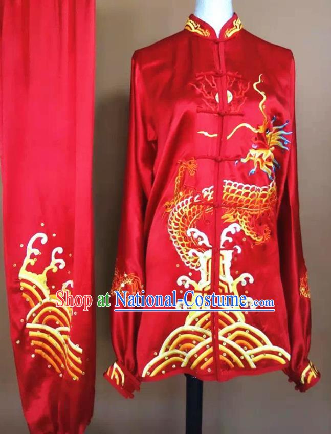 Chinese Martial Arts Changquan Embroidered Red Silk Garment Outfits Traditional Tai Chi Kung Fu Costumes for Adult