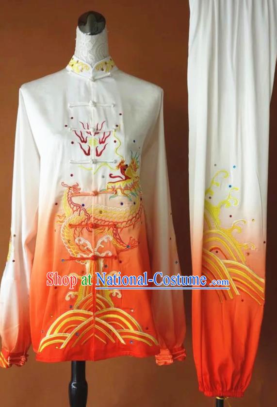 Chinese Martial Arts Changquan Embroidered Orange Silk Garment Outfits Traditional Tai Chi Kung Fu Costumes for Adult