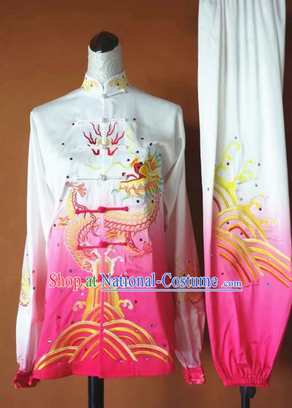 Chinese Martial Arts Changquan Embroidered Pink Silk Garment Outfits Traditional Tai Chi Kung Fu Costumes for Adult